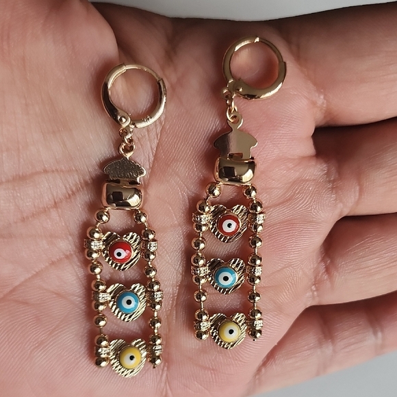 Gold Evil Eye Dangle Earrings - Picture 4 of 4